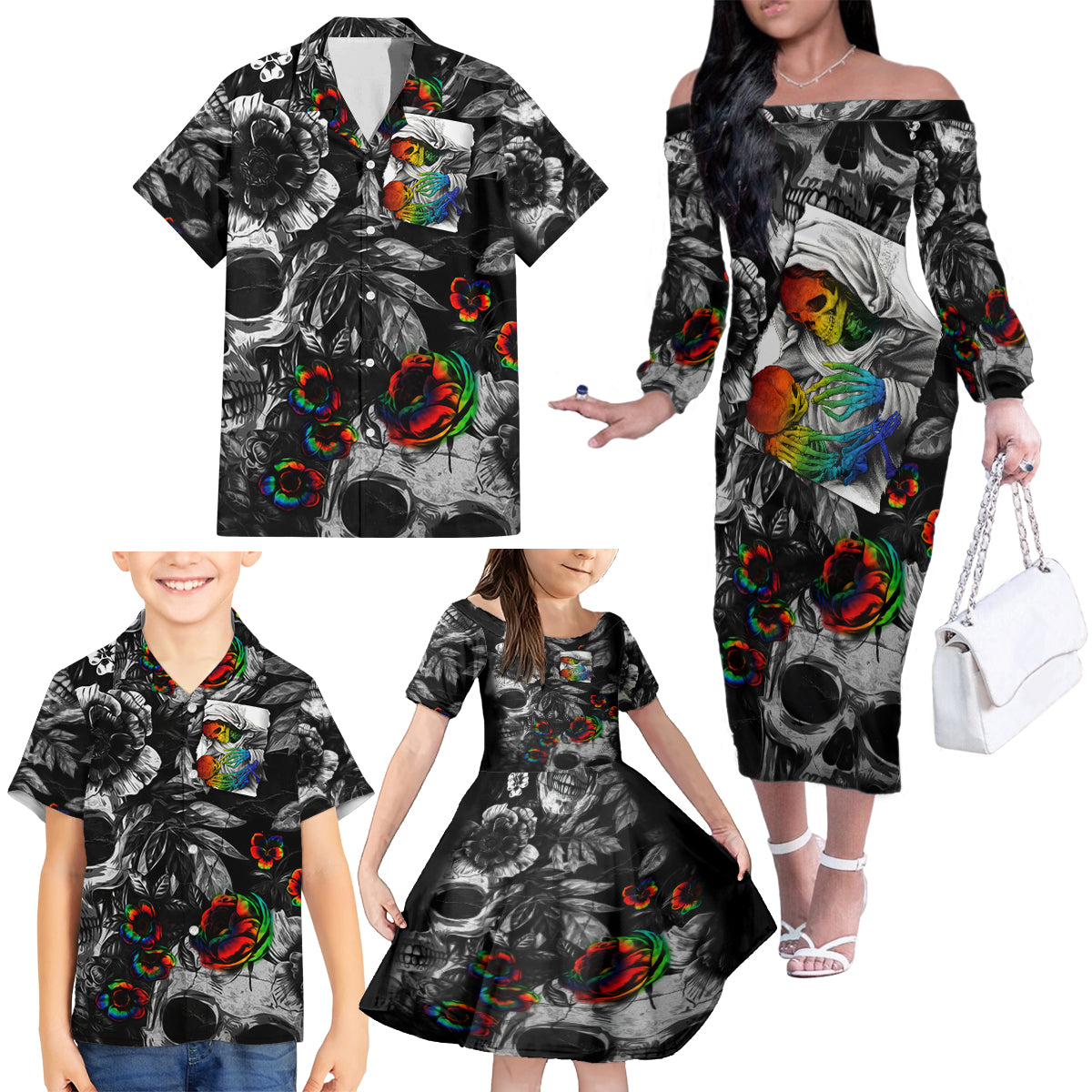 LGBT Family Matching Off Shoulder Long Sleeve Dress and Hawaiian Shirt Lgbt We Are Born Of Love Love Is Our Mother - Wonder Print Shop