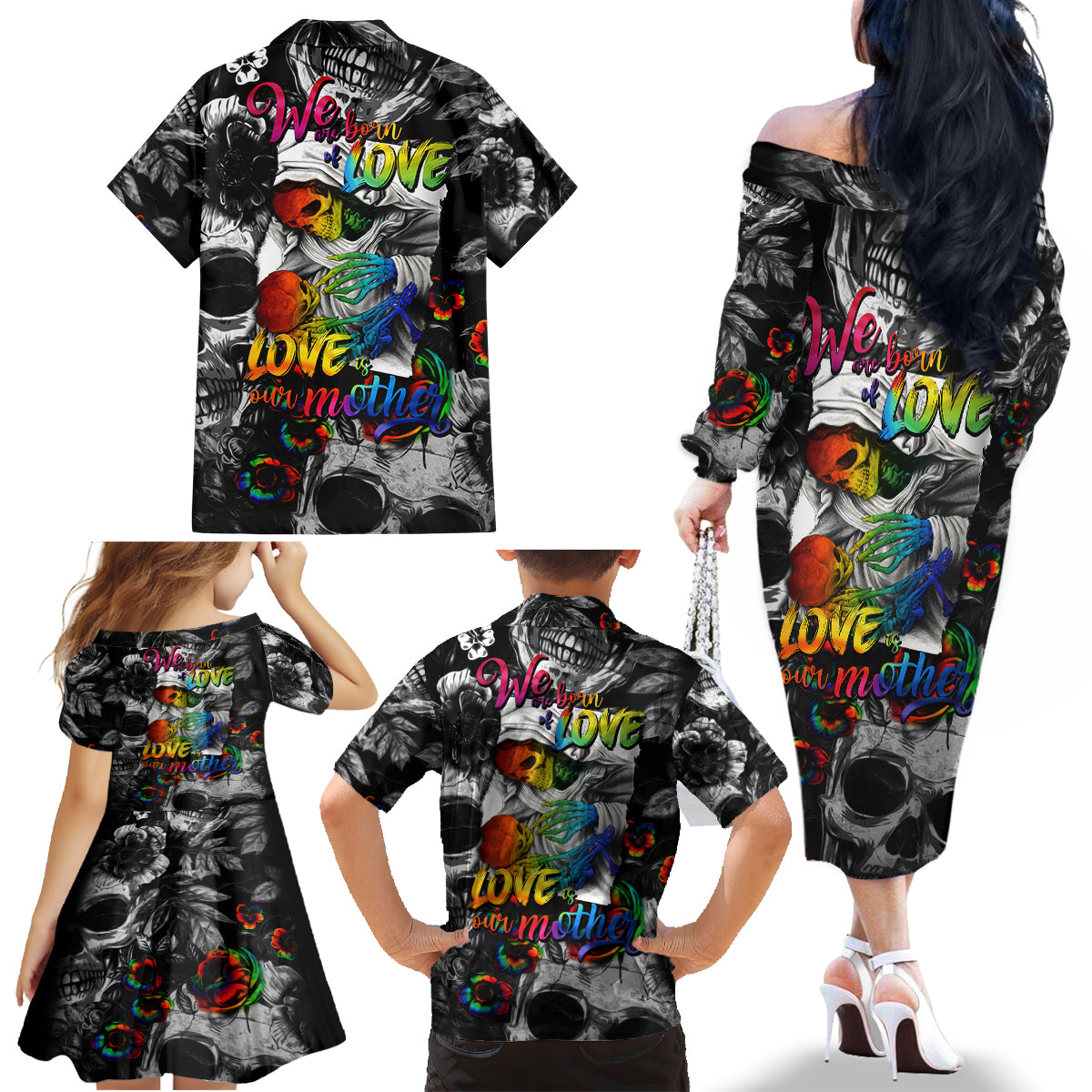 LGBT Family Matching Off Shoulder Long Sleeve Dress and Hawaiian Shirt Lgbt We Are Born Of Love Love Is Our Mother - Wonder Print Shop