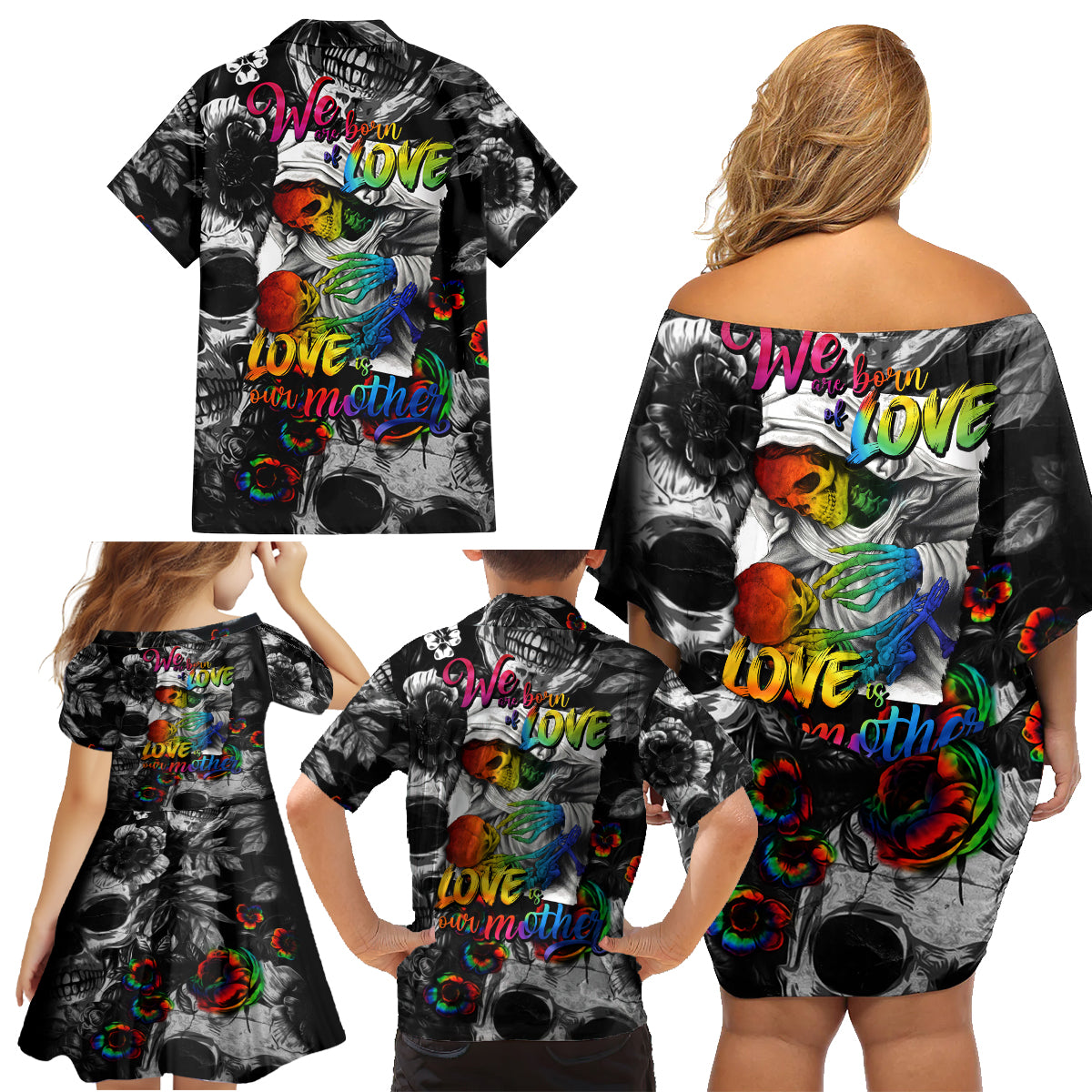 LGBT Family Matching Off Shoulder Short Dress and Hawaiian Shirt Lgbt We Are Born Of Love Love Is Our Mother - Wonder Print Shop