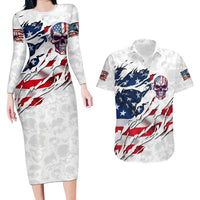 American Flag Skull Couples Matching Long Sleeve Bodycon Dress and Hawaiian Shirt - Wonder Print Shop