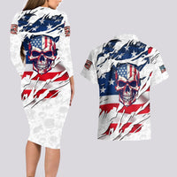 American Flag Skull Couples Matching Long Sleeve Bodycon Dress and Hawaiian Shirt - Wonder Print Shop