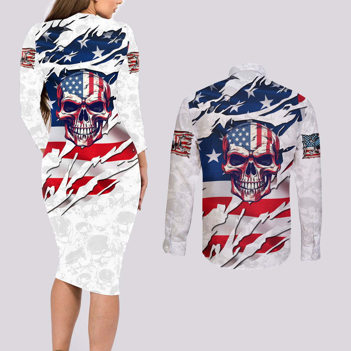 American Flag Skull Couples Matching Long Sleeve Bodycon Dress and Long Sleeve Button Shirt - Wonder Print Shop
