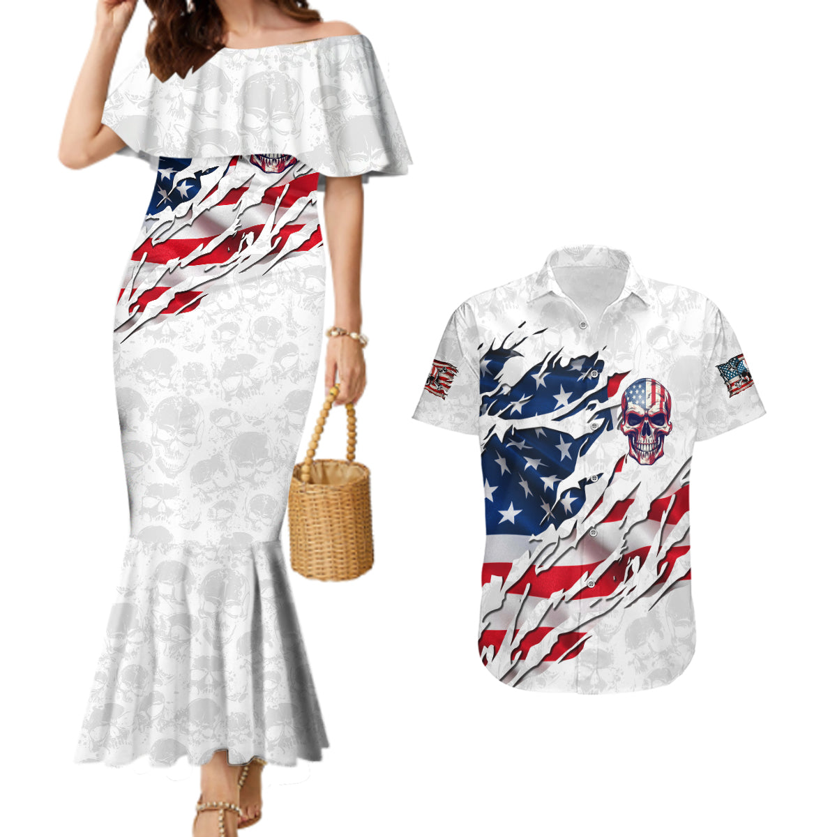 American Flag Skull Couples Matching Mermaid Dress and Hawaiian Shirt - Wonder Print Shop