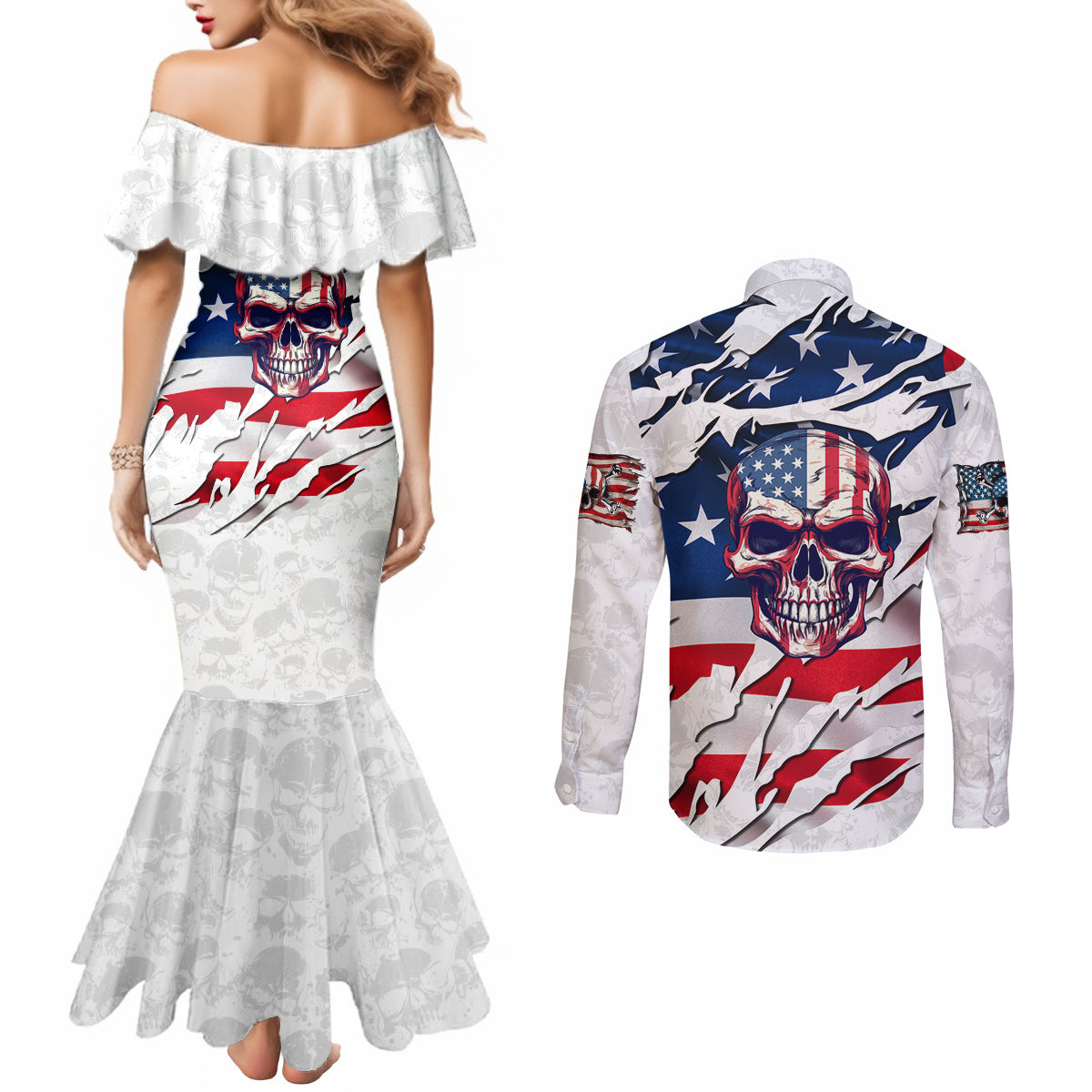 american-flag-skull-couples-matching-mermaid-dress-and-long-sleeve-button-shirt