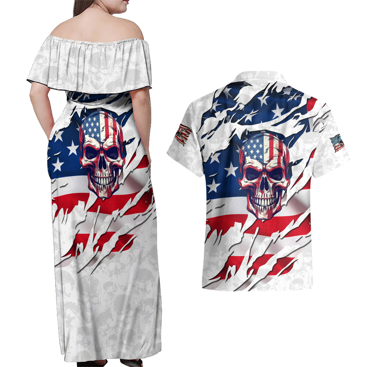 American Flag Skull Couples Matching Off Shoulder Maxi Dress and Hawaiian Shirt - Wonder Print Shop