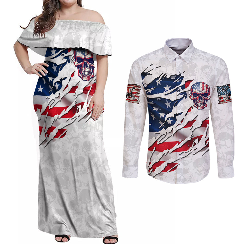 American Flag Skull Couples Matching Off Shoulder Maxi Dress and Long Sleeve Button Shirt - Wonder Print Shop