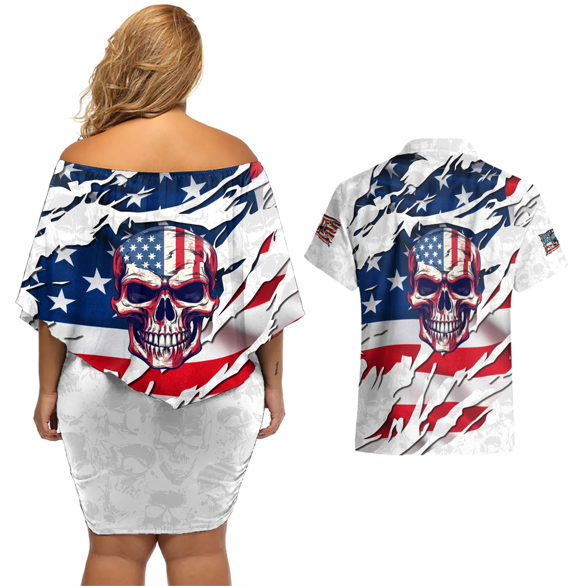 American Flag Skull Couples Matching Off Shoulder Short Dress and Hawaiian Shirt - Wonder Print Shop