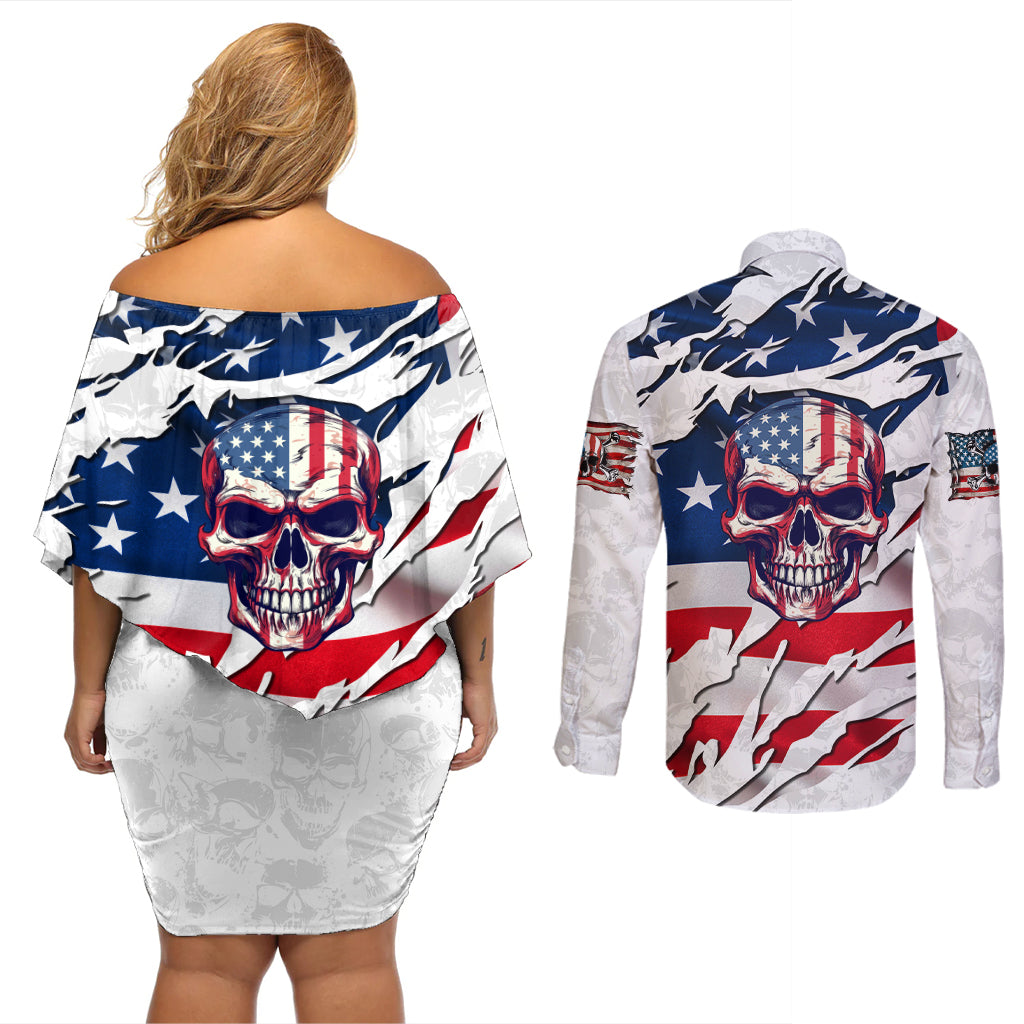 American Flag Skull Couples Matching Off Shoulder Short Dress and Long Sleeve Button Shirt - Wonder Print Shop