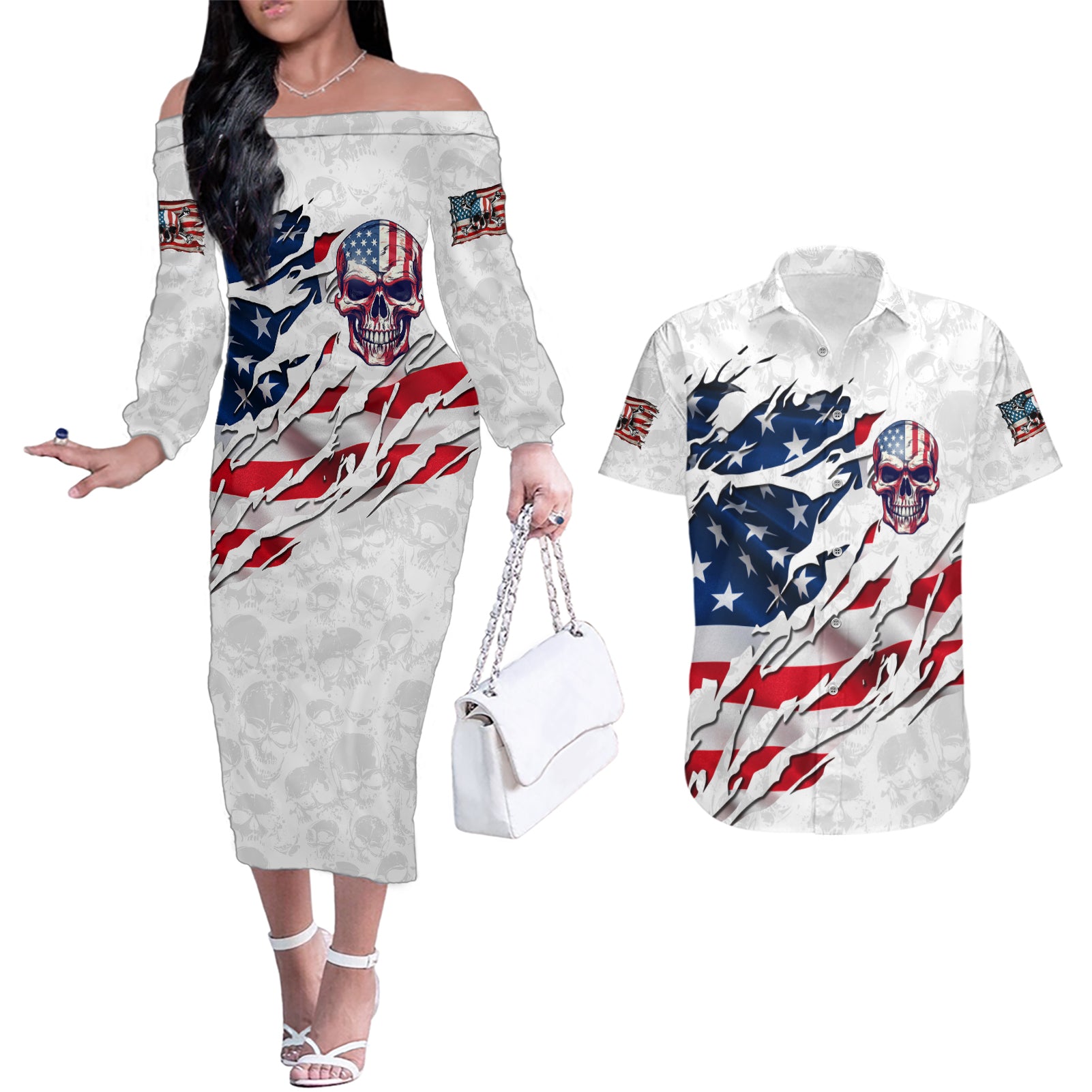American Flag Skull Couples Matching Off The Shoulder Long Sleeve Dress and Hawaiian Shirt - Wonder Print Shop