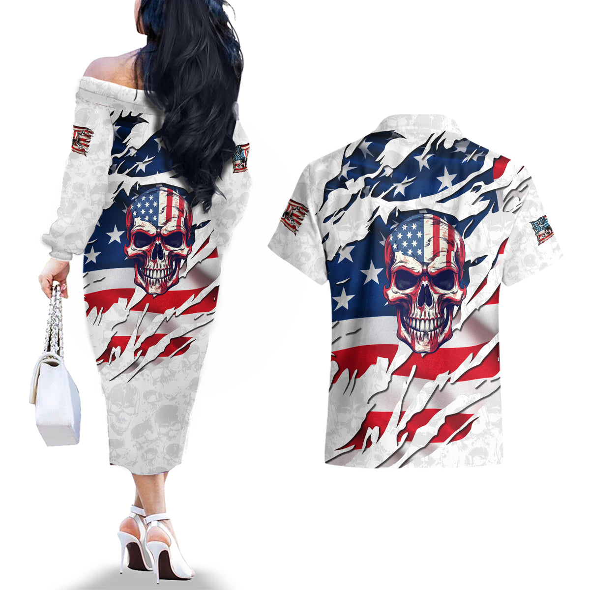 American Flag Skull Couples Matching Off The Shoulder Long Sleeve Dress and Hawaiian Shirt - Wonder Print Shop