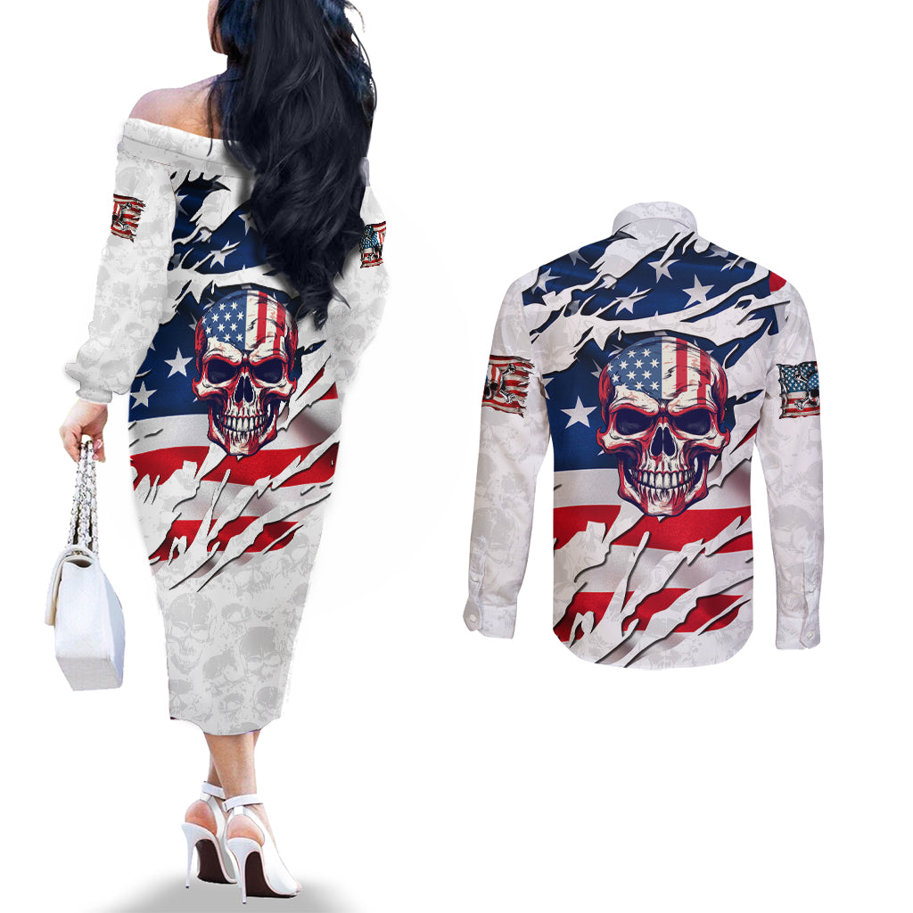 american-flag-skull-couples-matching-off-the-shoulder-long-sleeve-dress-and-long-sleeve-button-shirt