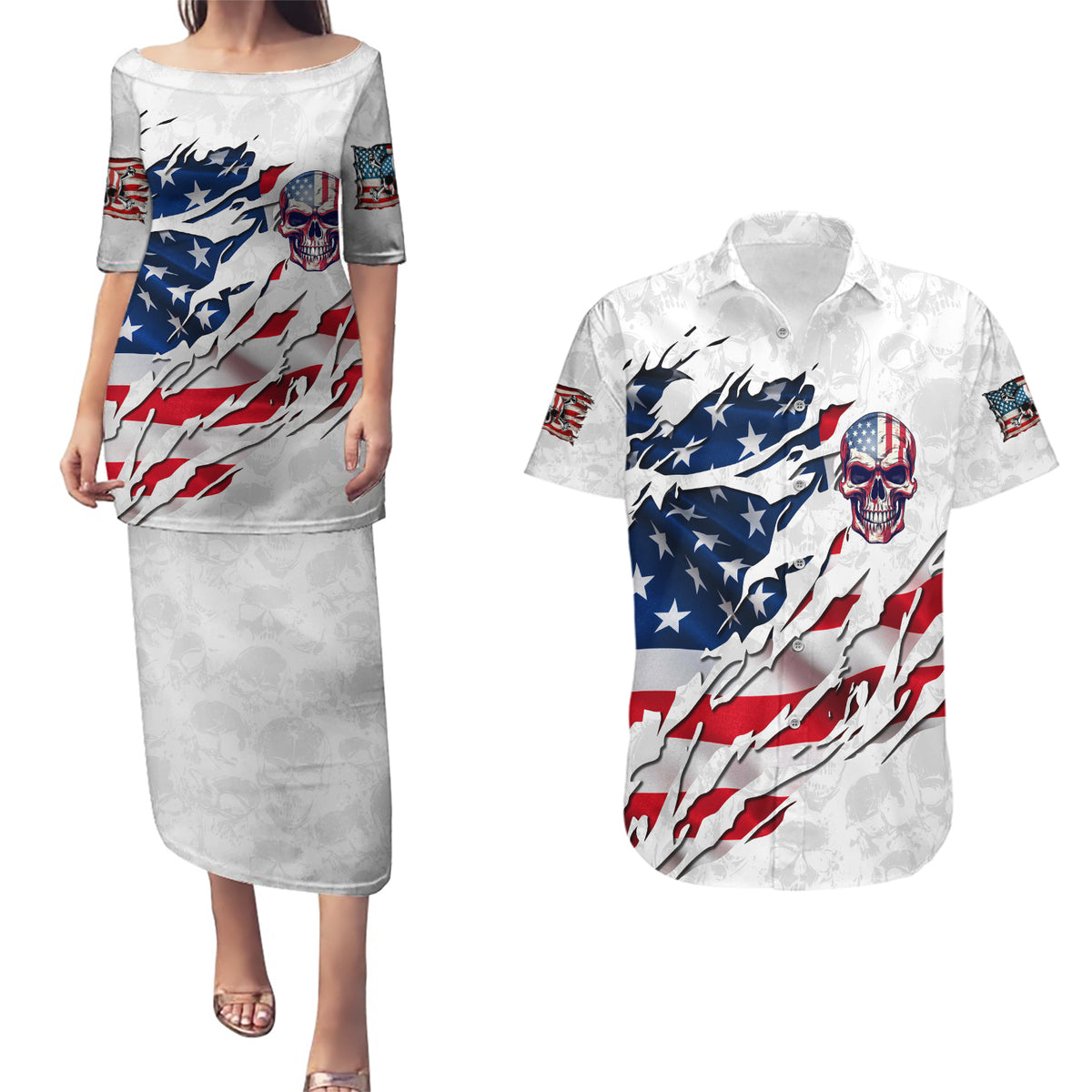 American Flag Skull Couples Matching Puletasi Dress and Hawaiian Shirt - Wonder Print Shop