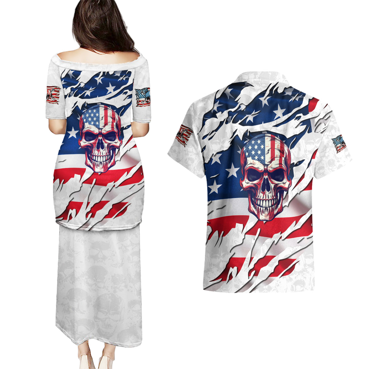 American Flag Skull Couples Matching Puletasi Dress and Hawaiian Shirt - Wonder Print Shop