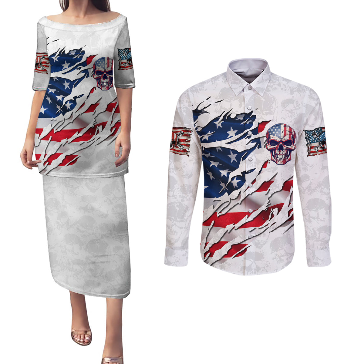 American Flag Skull Couples Matching Puletasi Dress and Long Sleeve Button Shirt - Wonder Print Shop