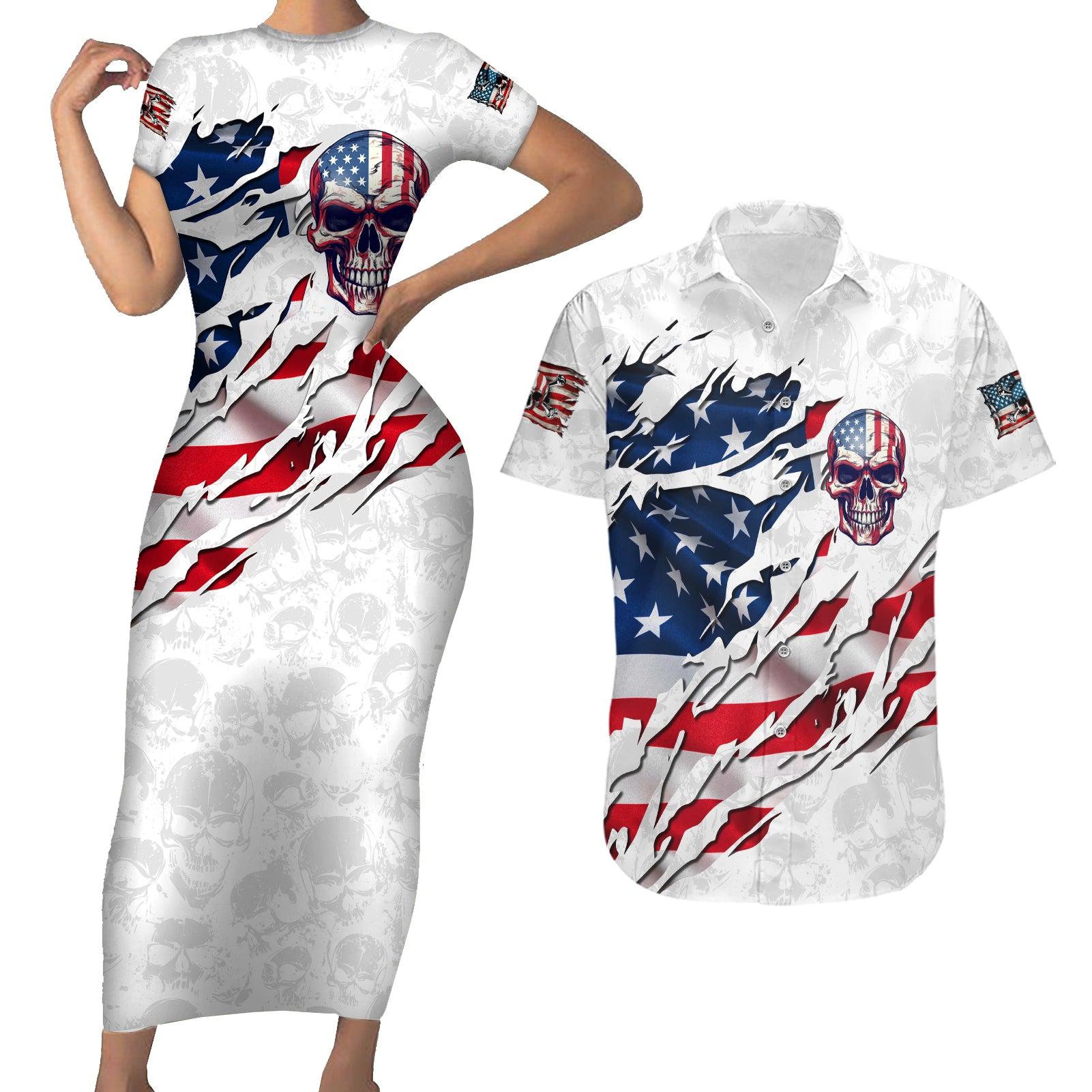 American Flag Skull Couples Matching Short Sleeve Bodycon Dress and Hawaiian Shirt - Wonder Print Shop