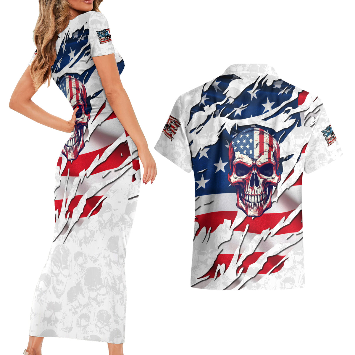 American Flag Skull Couples Matching Short Sleeve Bodycon Dress and Hawaiian Shirt - Wonder Print Shop