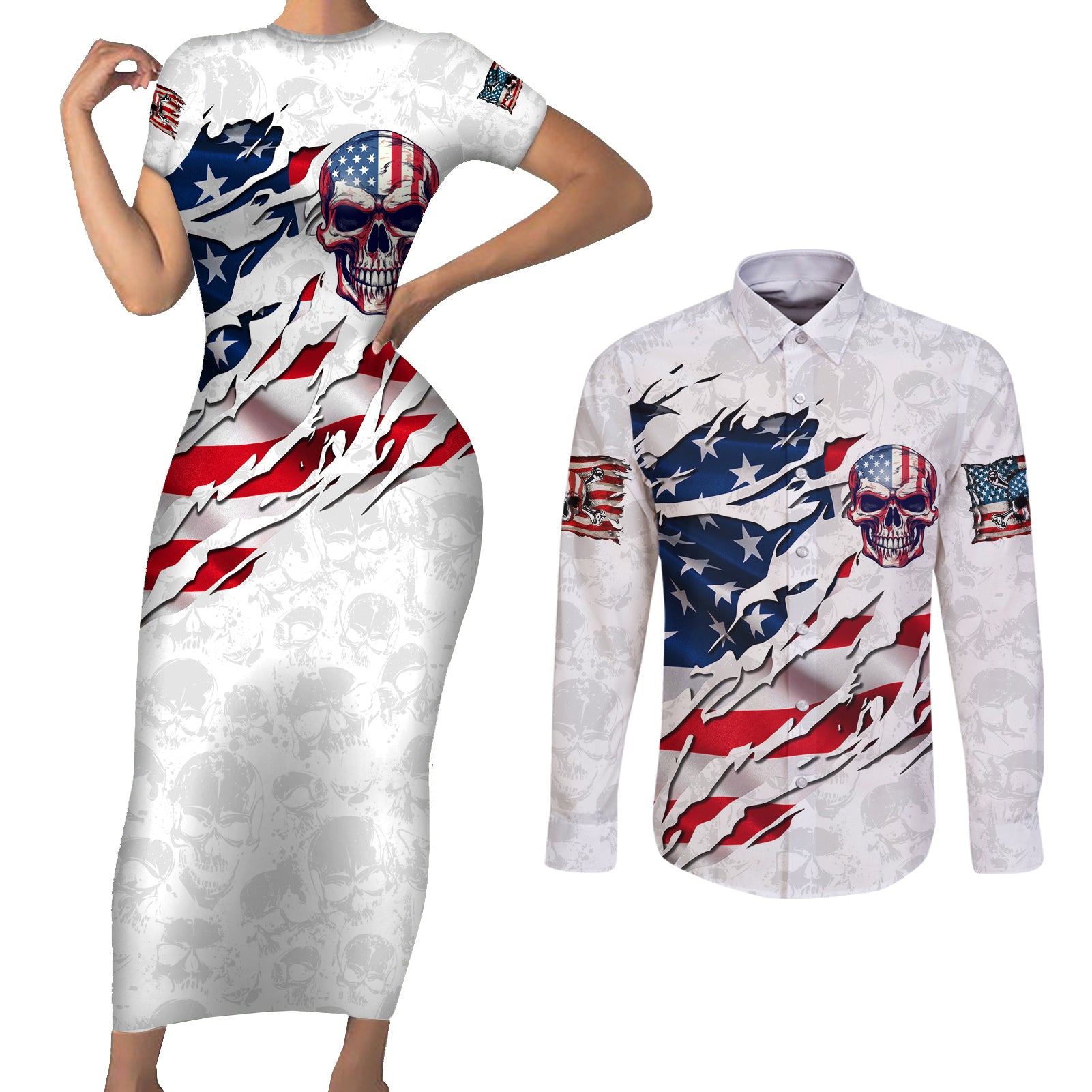 American Flag Skull Couples Matching Short Sleeve Bodycon Dress and Long Sleeve Button Shirt - Wonder Print Shop
