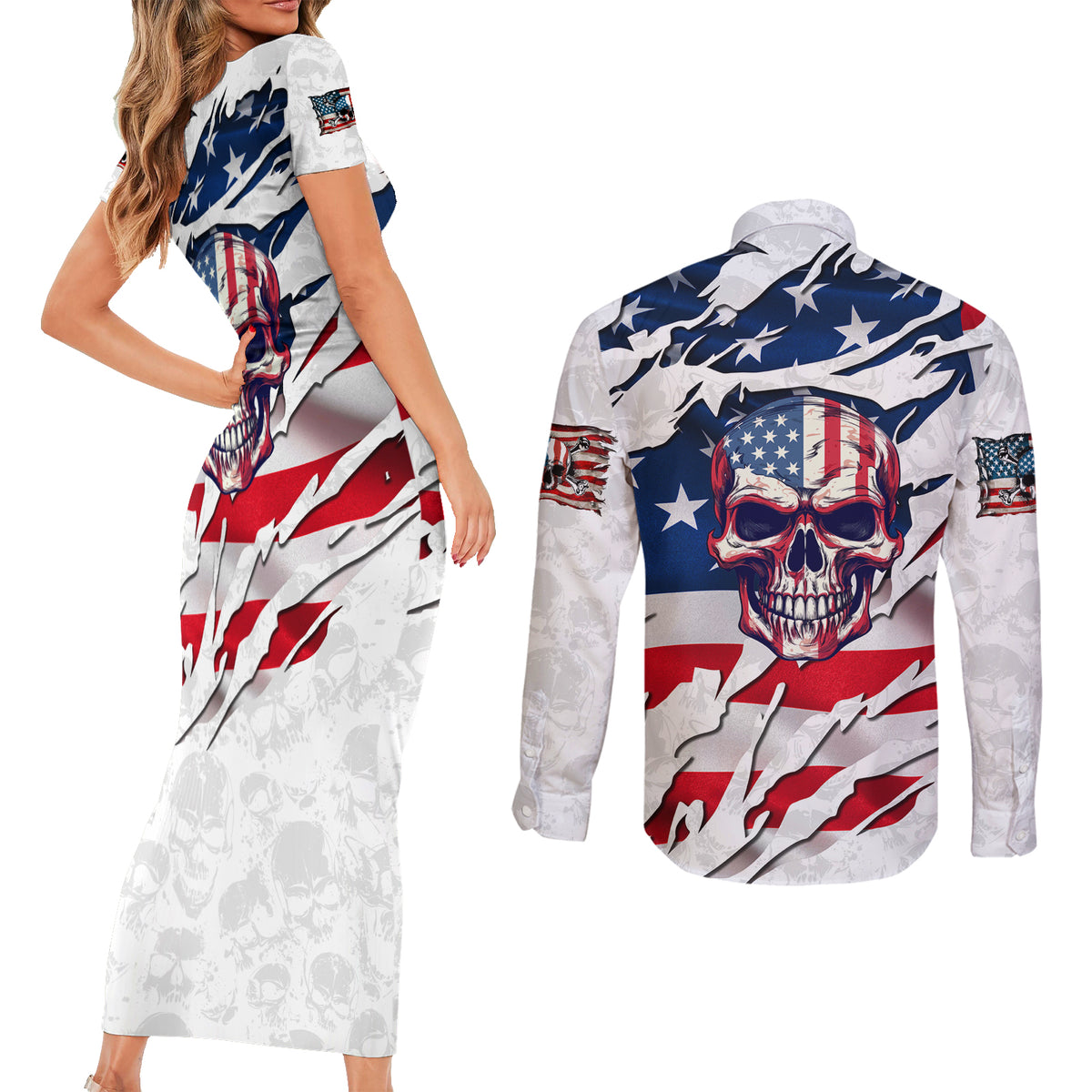 American Flag Skull Couples Matching Short Sleeve Bodycon Dress and Long Sleeve Button Shirt - Wonder Print Shop