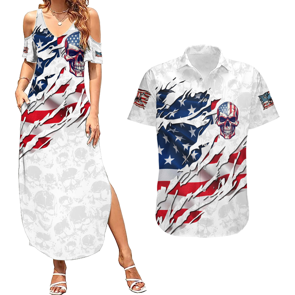 American Flag Skull Couples Matching Summer Maxi Dress and Hawaiian Shirt - Wonder Print Shop