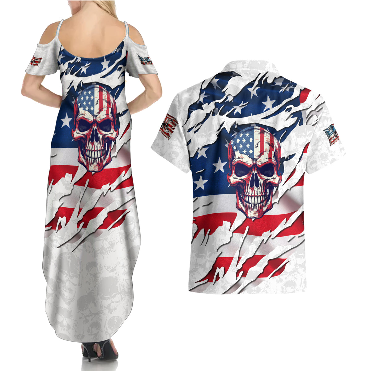 American Flag Skull Couples Matching Summer Maxi Dress and Hawaiian Shirt - Wonder Print Shop