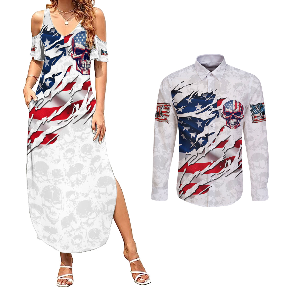 American Flag Skull Couples Matching Summer Maxi Dress and Long Sleeve Button Shirt - Wonder Print Shop
