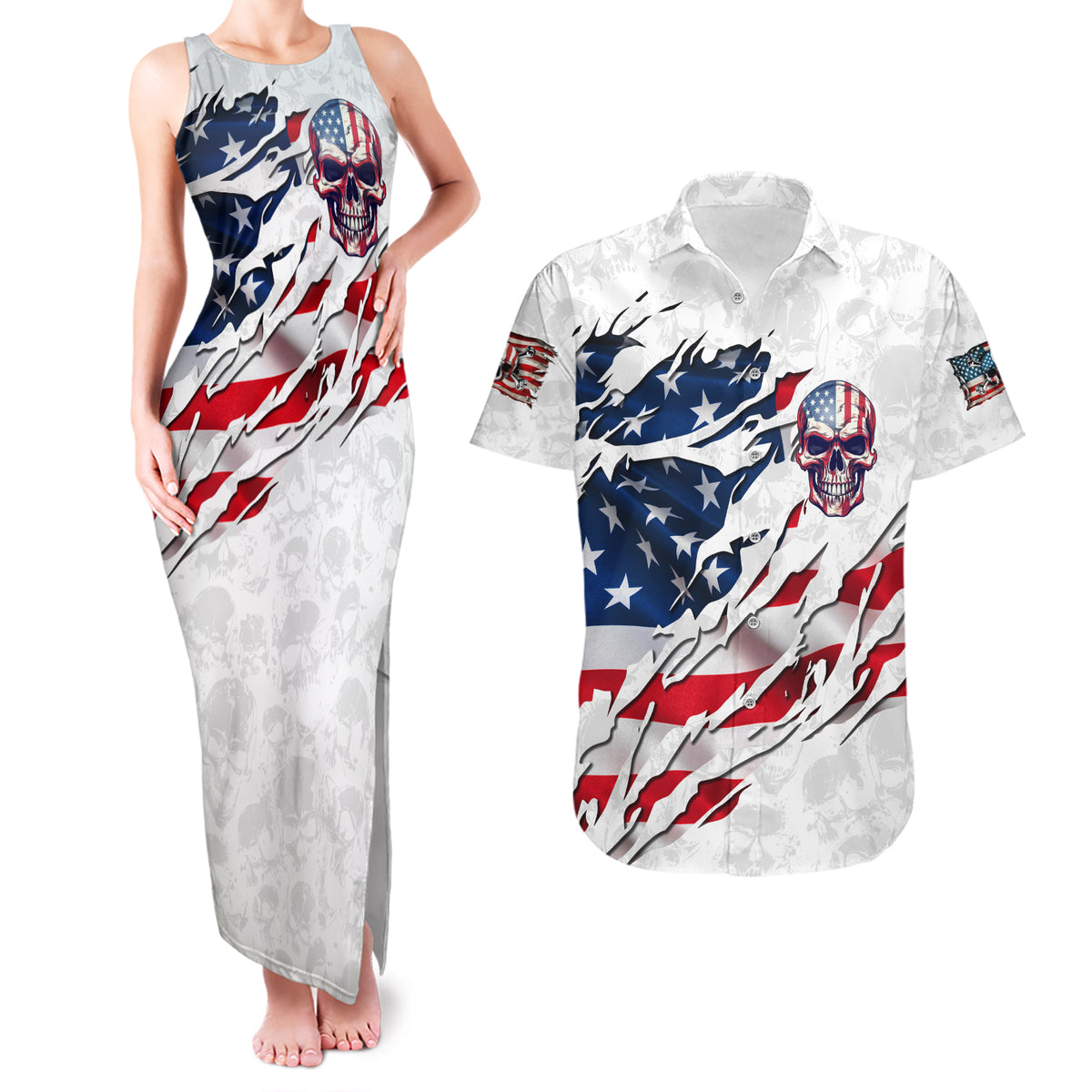 American Flag Skull Couples Matching Tank Maxi Dress and Hawaiian Shirt - Wonder Print Shop