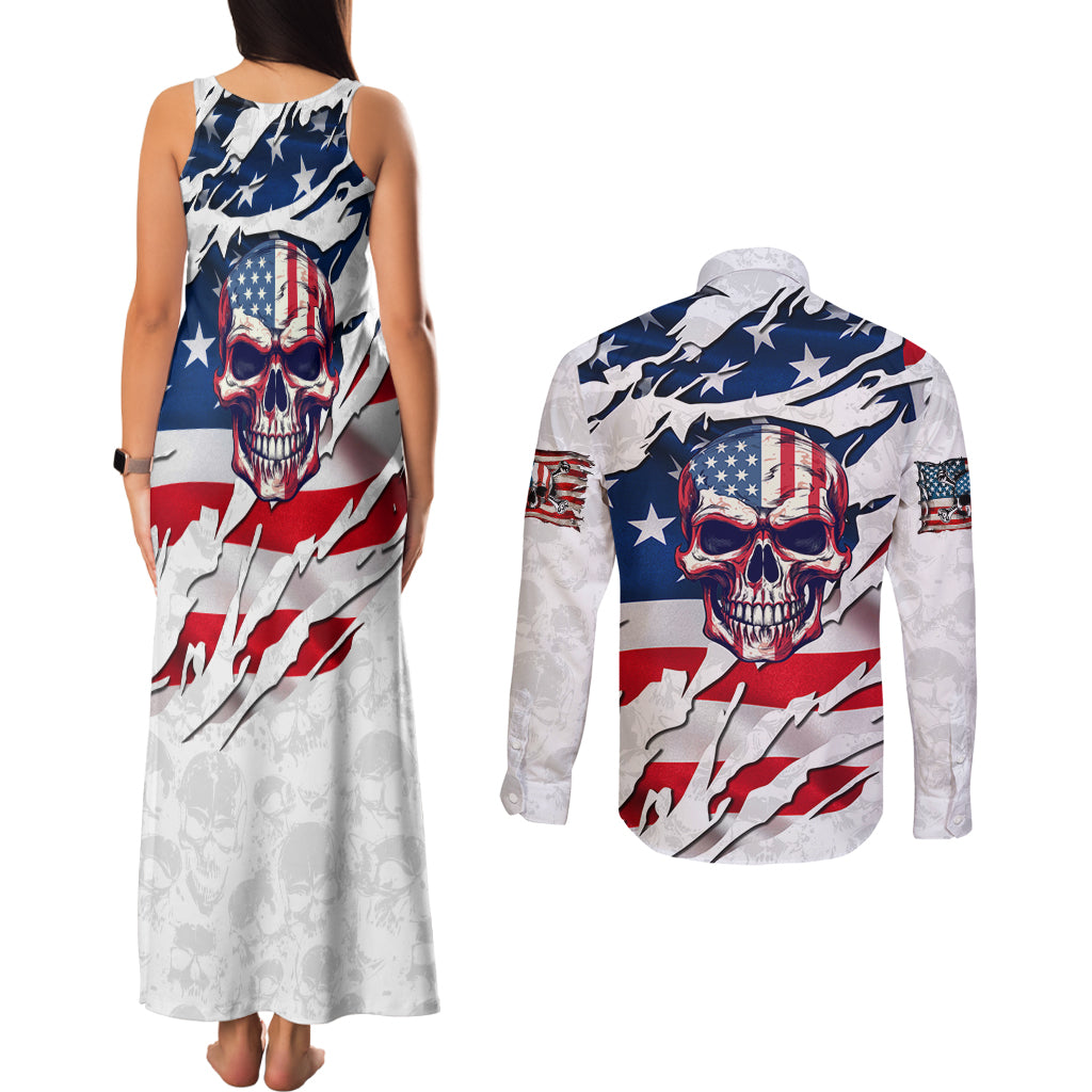 American Flag Skull Couples Matching Tank Maxi Dress and Long Sleeve Button Shirt - Wonder Print Shop