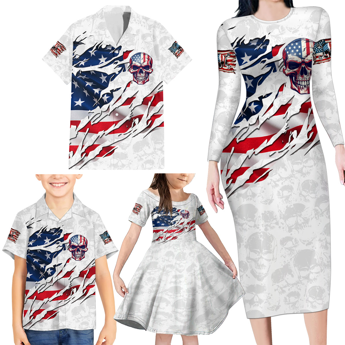 American Flag Skull Family Matching Long Sleeve Bodycon Dress and Hawaiian Shirt - Wonder Print Shop