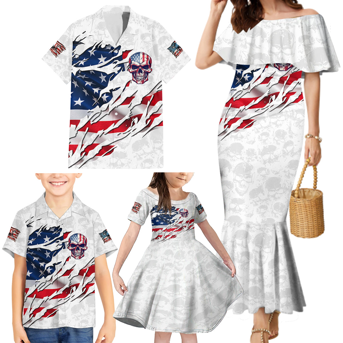American Flag Skull Family Matching Mermaid Dress and Hawaiian Shirt - Wonder Print Shop
