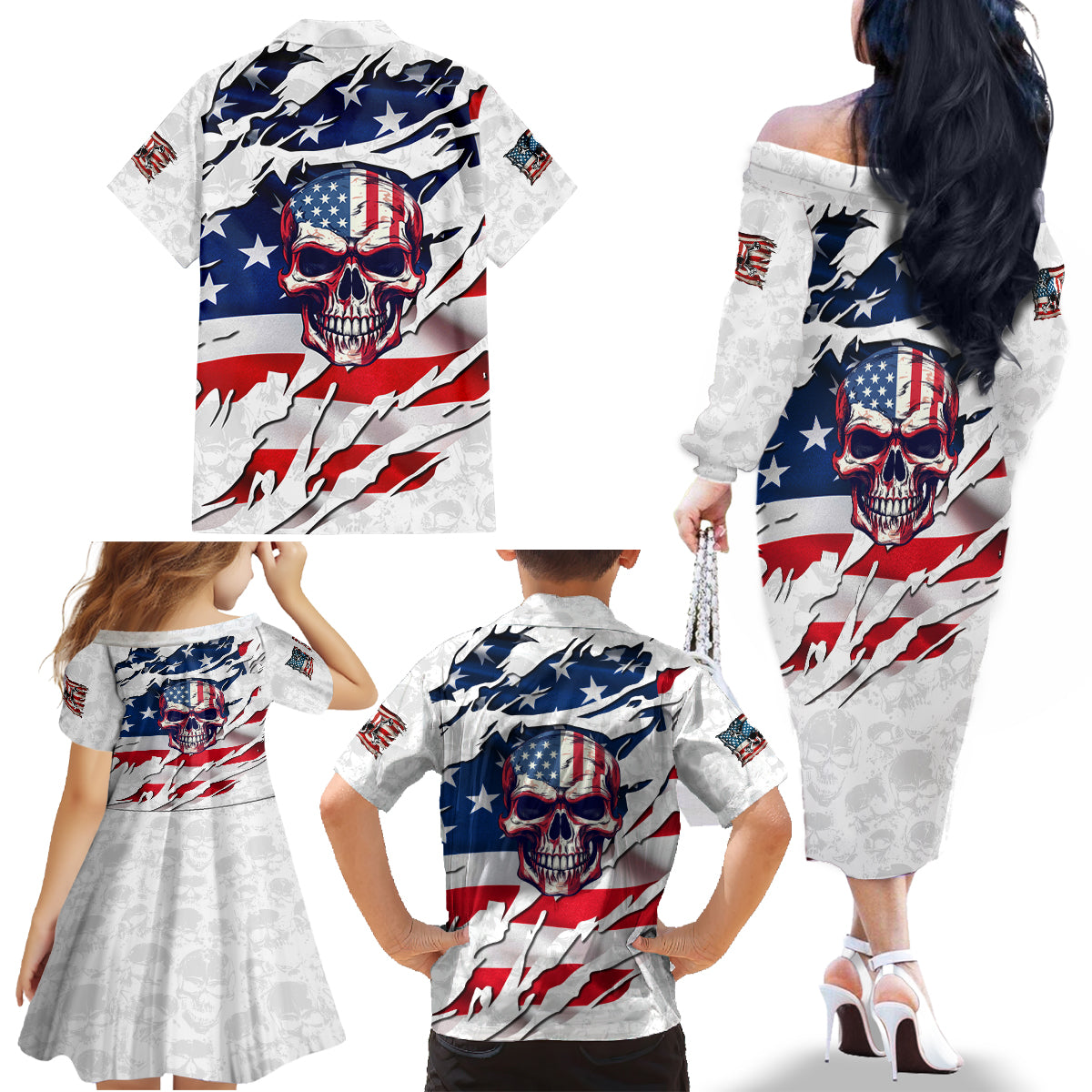 American Flag Skull Family Matching Off Shoulder Long Sleeve Dress and Hawaiian Shirt - Wonder Print Shop