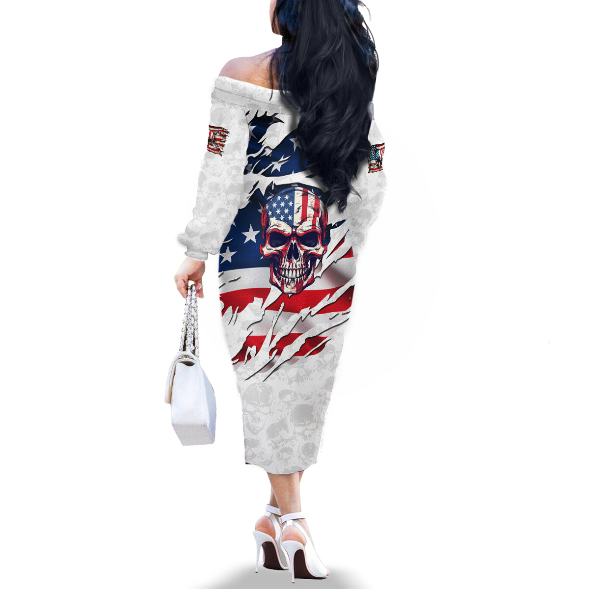 American Flag Skull Family Matching Off Shoulder Long Sleeve Dress and Hawaiian Shirt - Wonder Print Shop