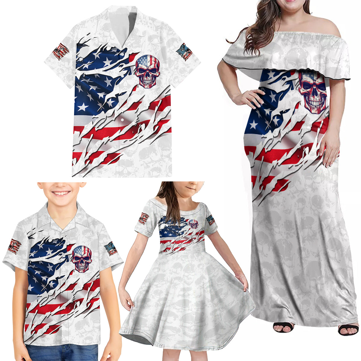 American Flag Skull Family Matching Off Shoulder Maxi Dress and Hawaiian Shirt - Wonder Print Shop