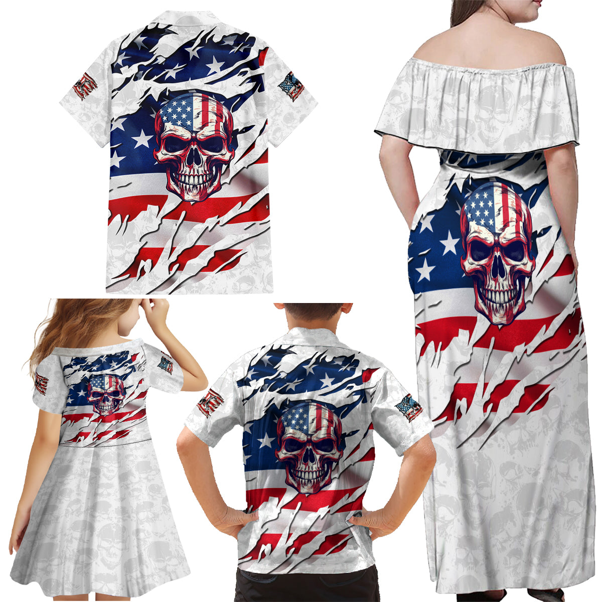 American Flag Skull Family Matching Off Shoulder Maxi Dress and Hawaiian Shirt - Wonder Print Shop