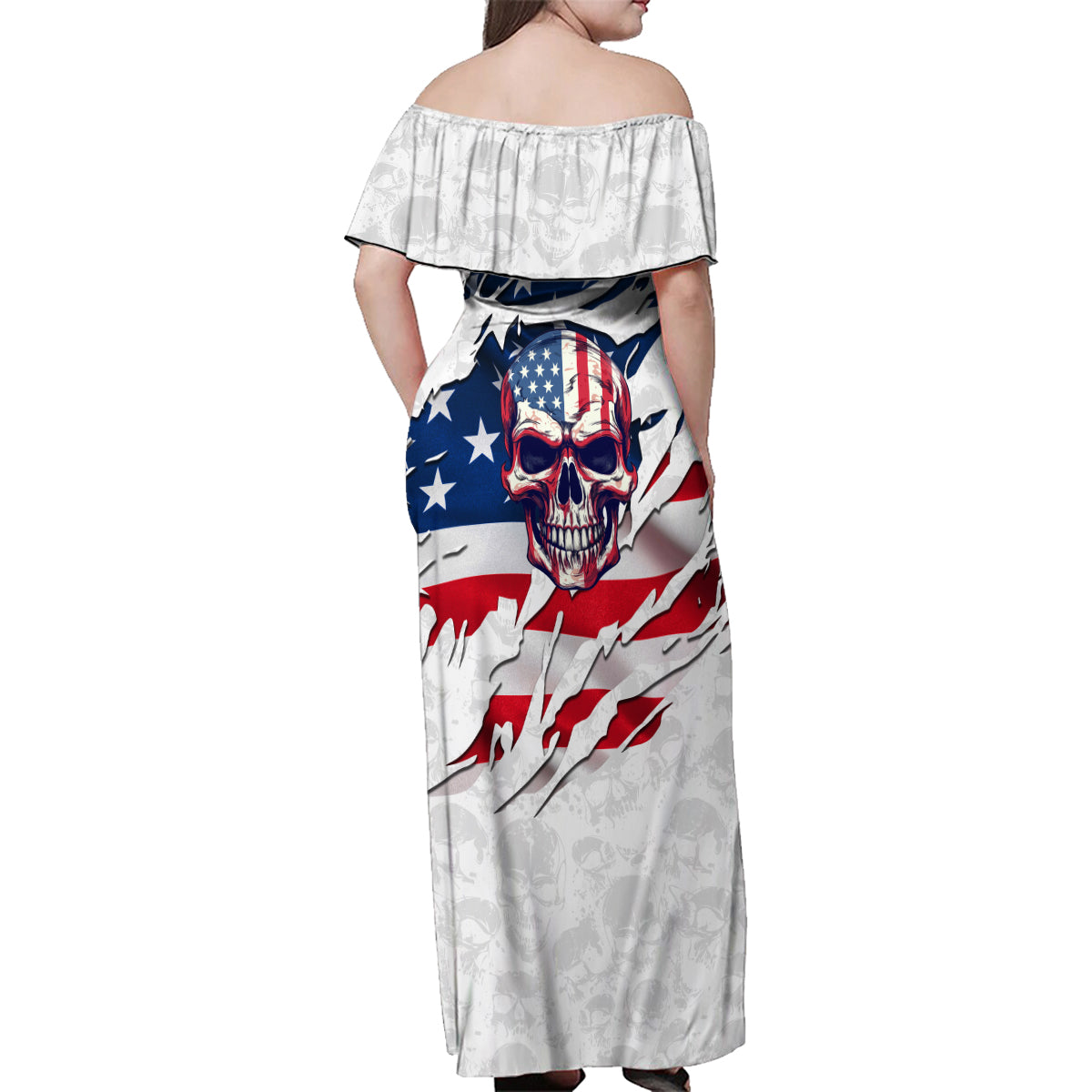 American Flag Skull Family Matching Off Shoulder Maxi Dress and Hawaiian Shirt - Wonder Print Shop