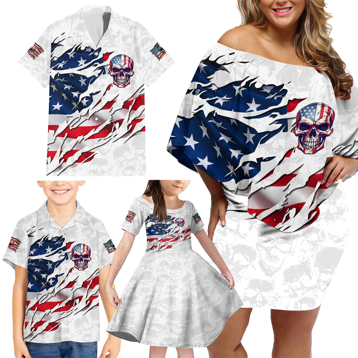 American Flag Skull Family Matching Off Shoulder Short Dress and Hawaiian Shirt - Wonder Print Shop
