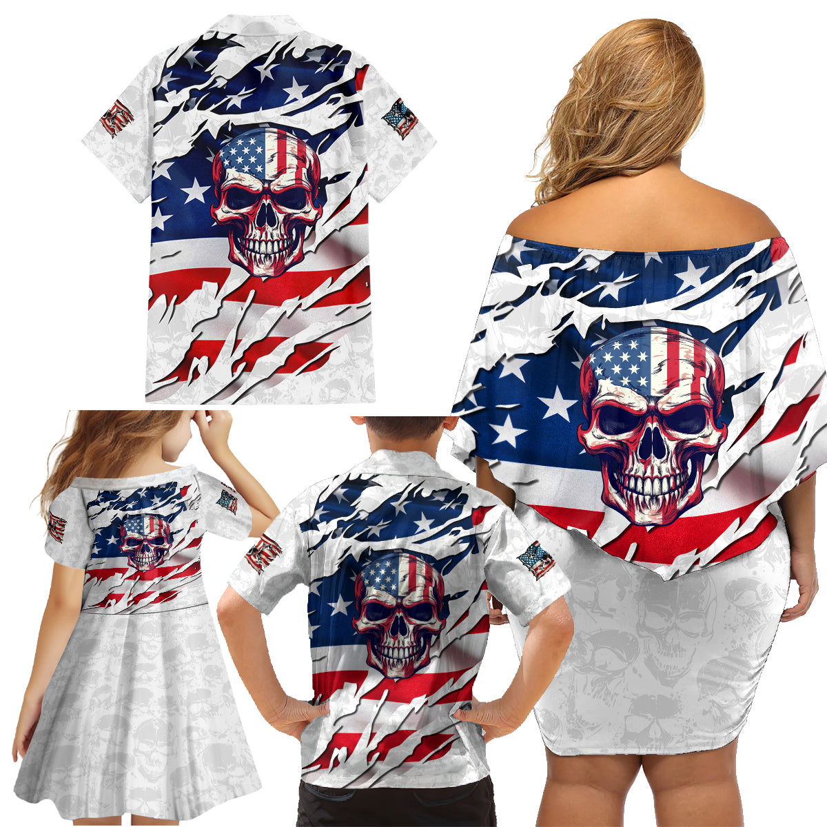 American Flag Skull Family Matching Off Shoulder Short Dress and Hawaiian Shirt - Wonder Print Shop