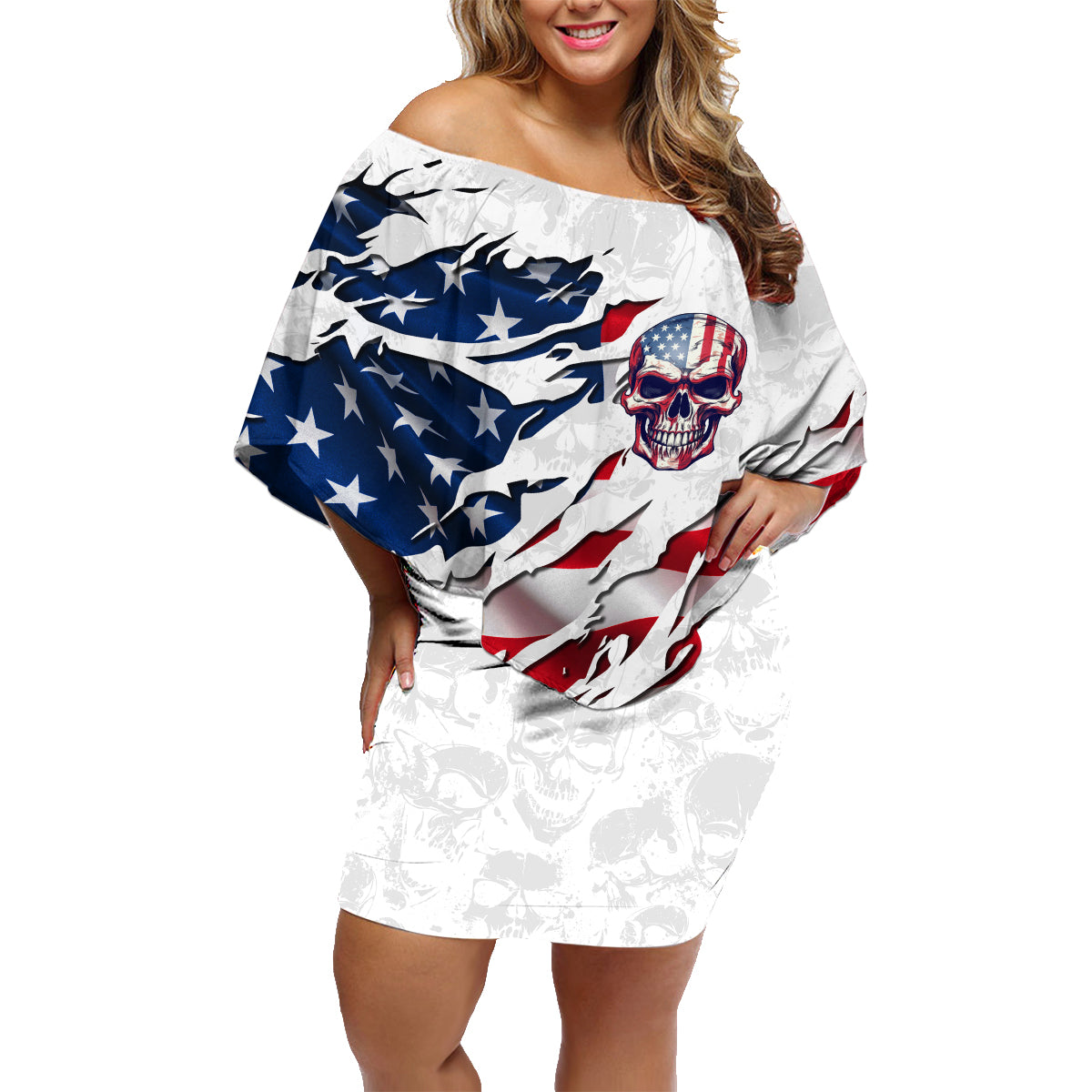 American Flag Skull Family Matching Off Shoulder Short Dress and Hawaiian Shirt - Wonder Print Shop
