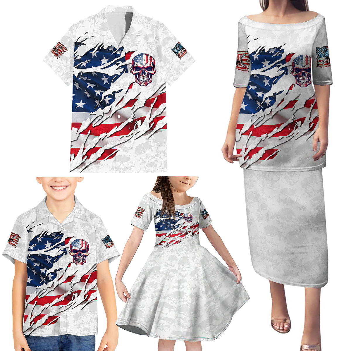 American Flag Skull Family Matching Puletasi Dress and Hawaiian Shirt - Wonder Print Shop