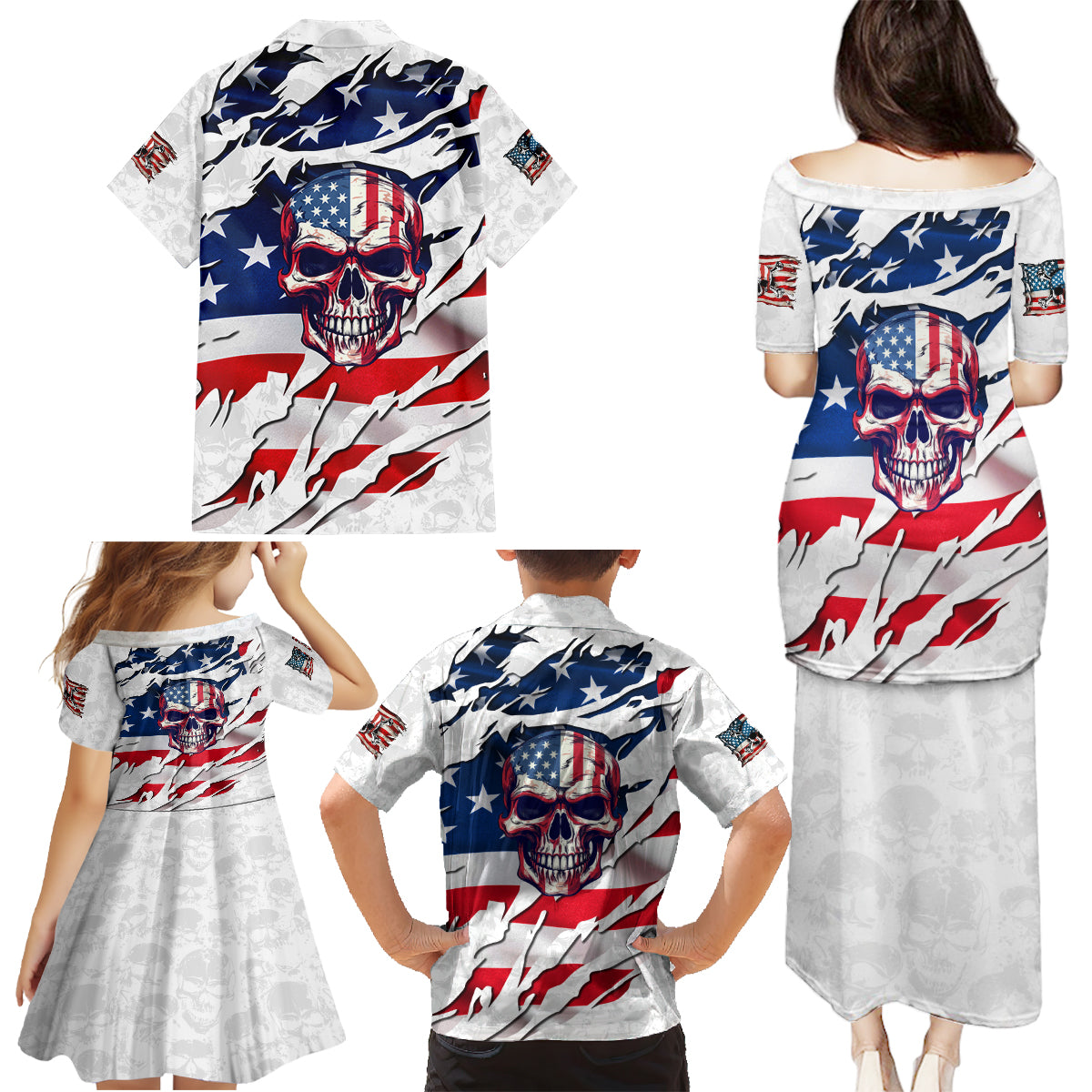 American Flag Skull Family Matching Puletasi Dress and Hawaiian Shirt - Wonder Print Shop