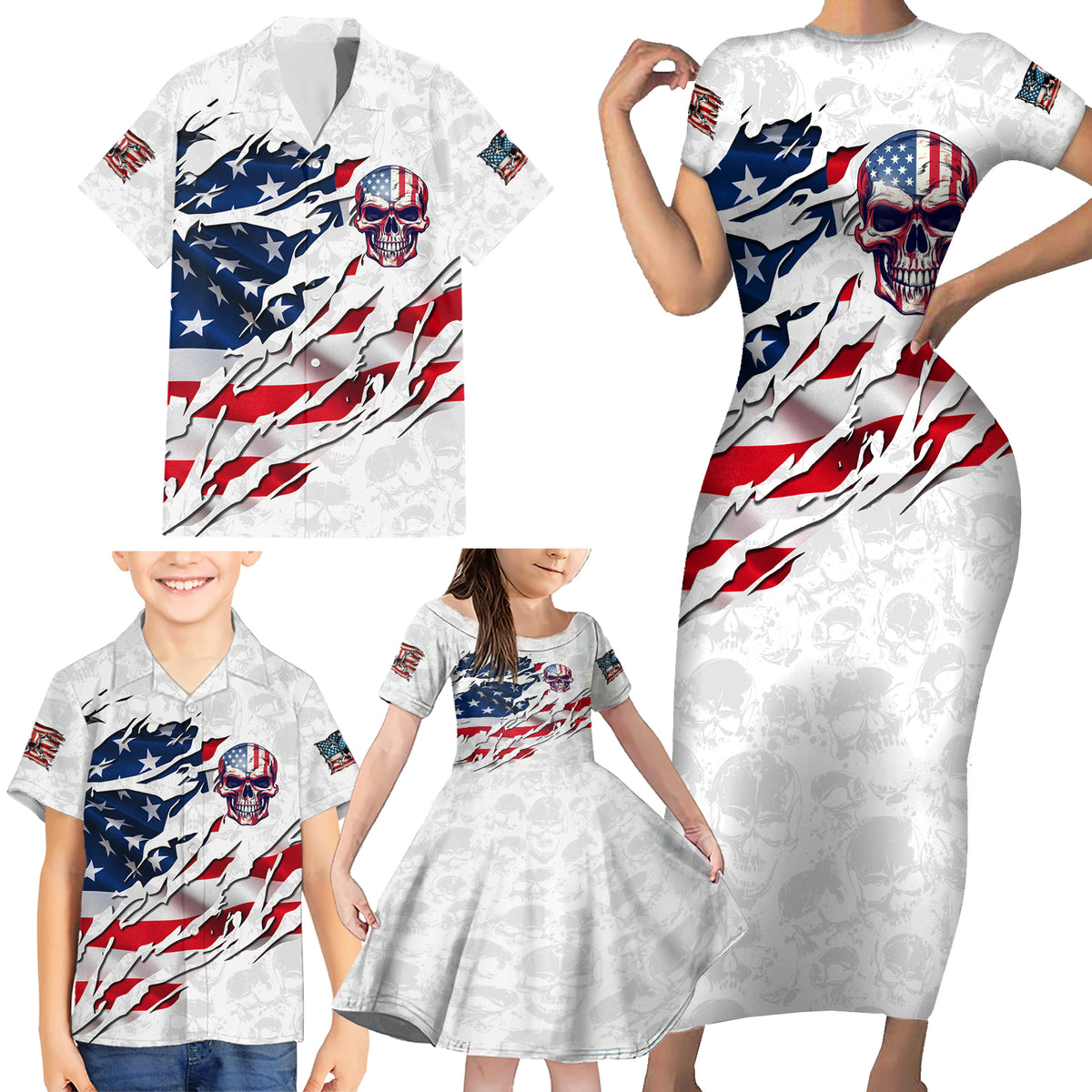 American Flag Skull Family Matching Short Sleeve Bodycon Dress and Hawaiian Shirt - Wonder Print Shop