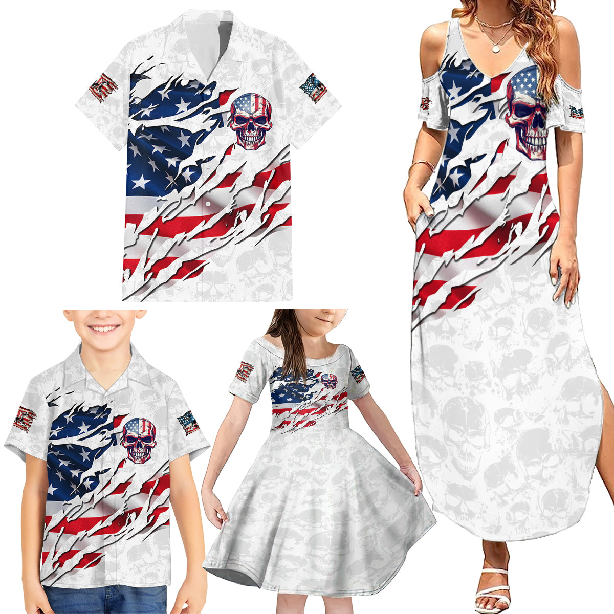 American Flag Skull Family Matching Summer Maxi Dress and Hawaiian Shirt - Wonder Print Shop