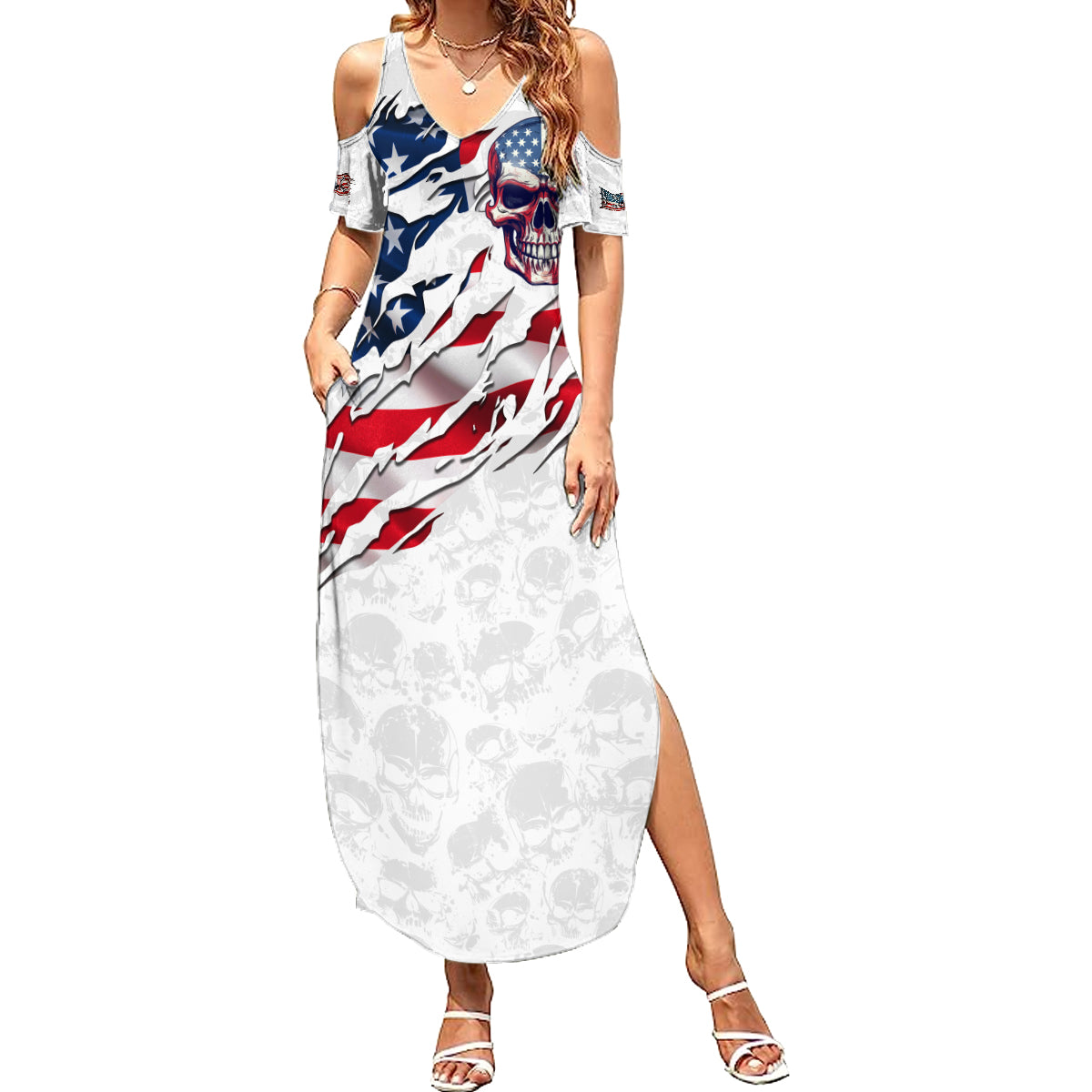 American Flag Skull Family Matching Summer Maxi Dress and Hawaiian Shirt - Wonder Print Shop
