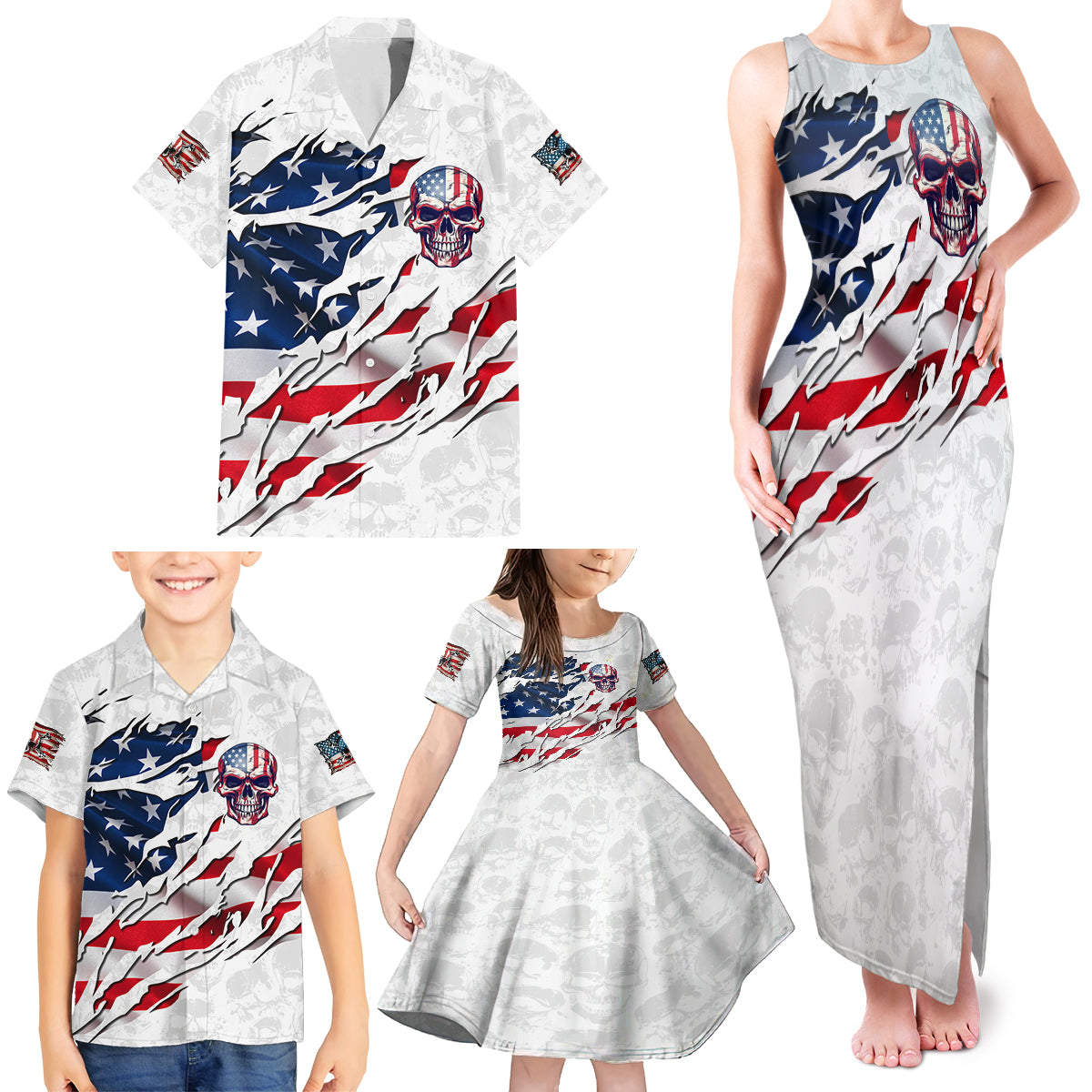 American Flag Skull Family Matching Tank Maxi Dress and Hawaiian Shirt - Wonder Print Shop