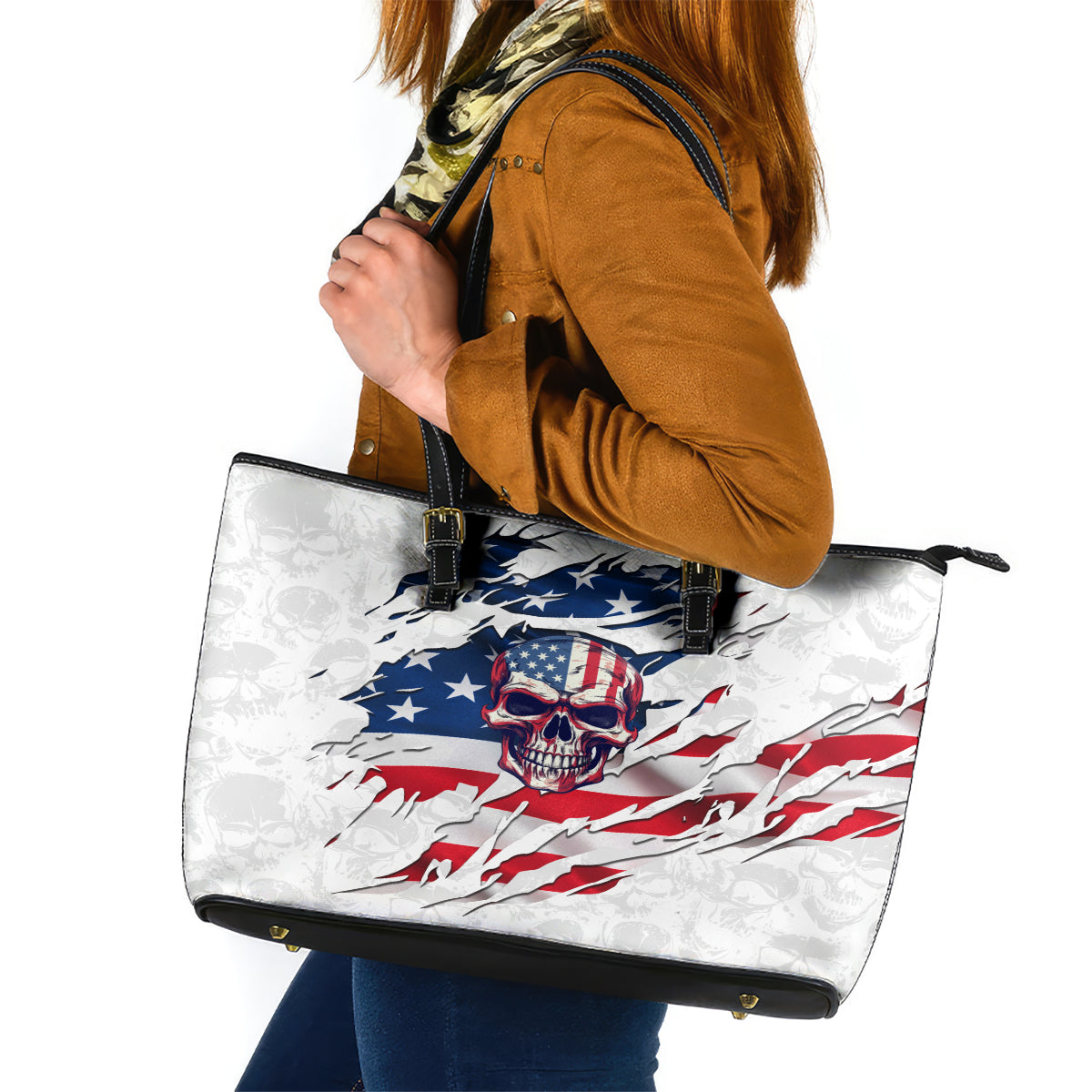 American Flag Skull Leather Tote Bag - Wonder Print Shop