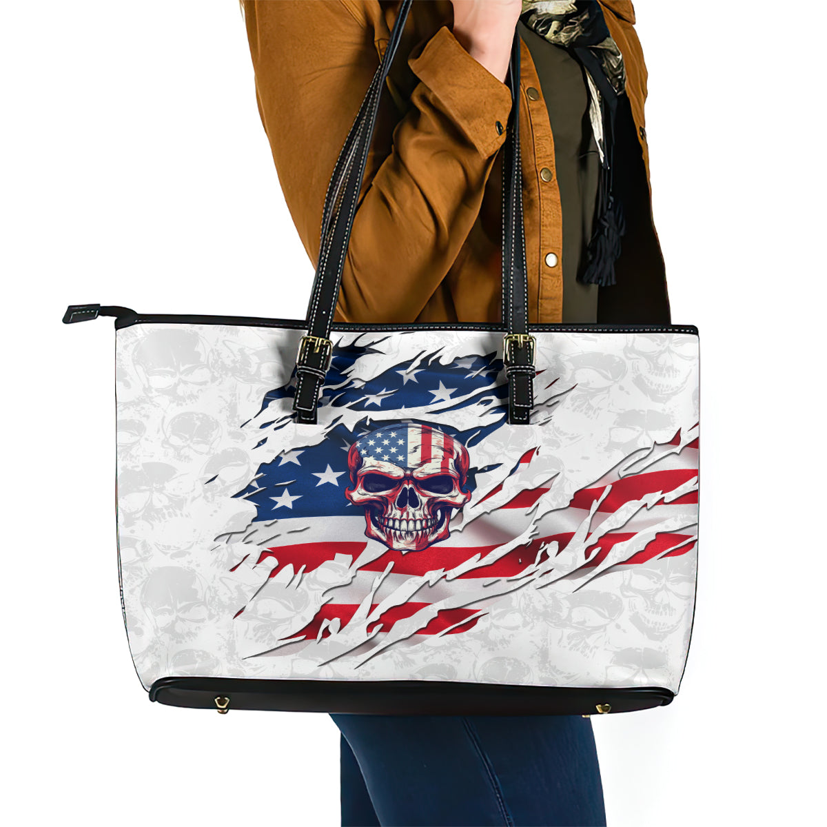 American Flag Skull Leather Tote Bag - Wonder Print Shop