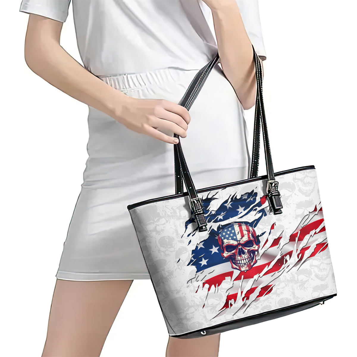 American Flag Skull Leather Tote Bag - Wonder Print Shop