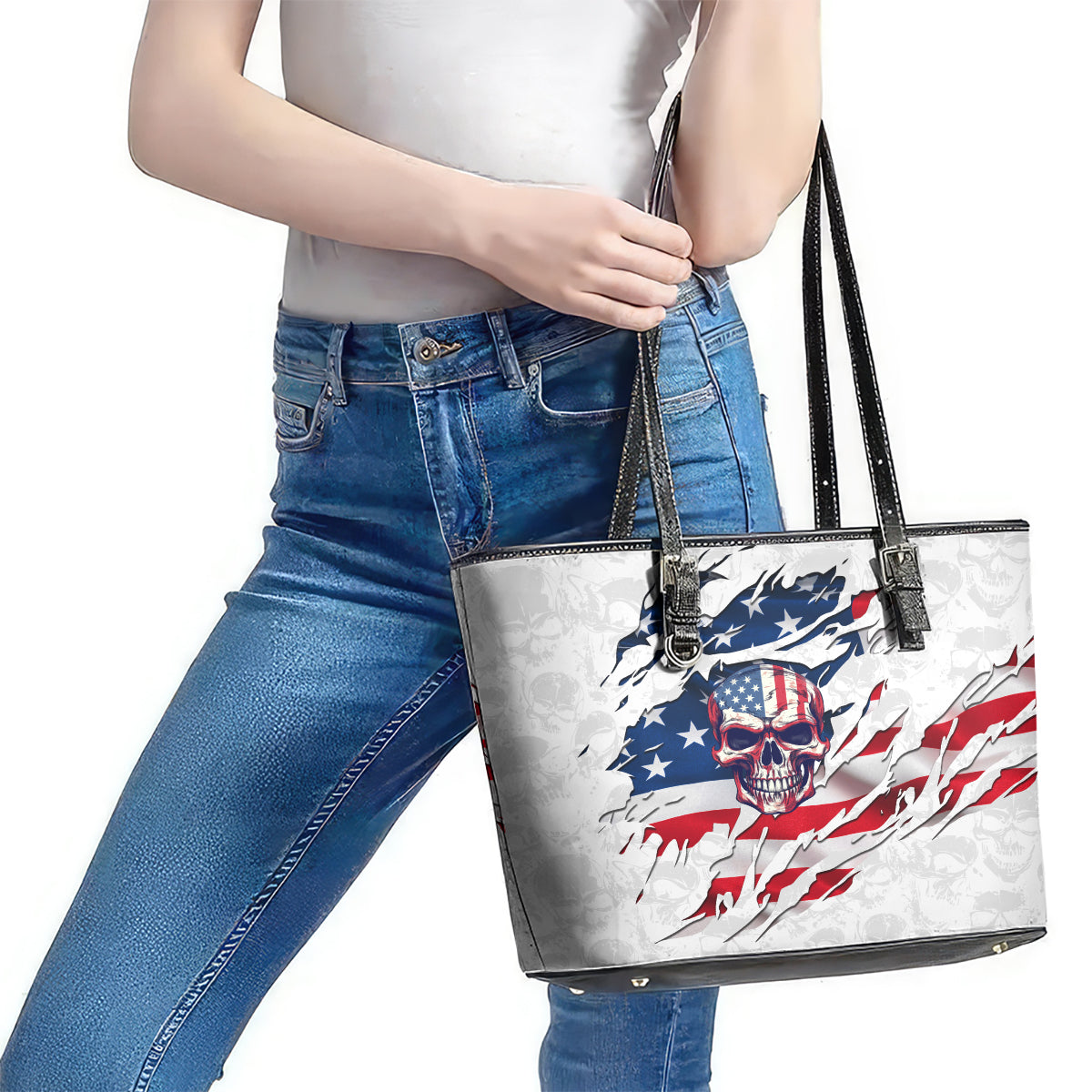 American Flag Skull Leather Tote Bag - Wonder Print Shop