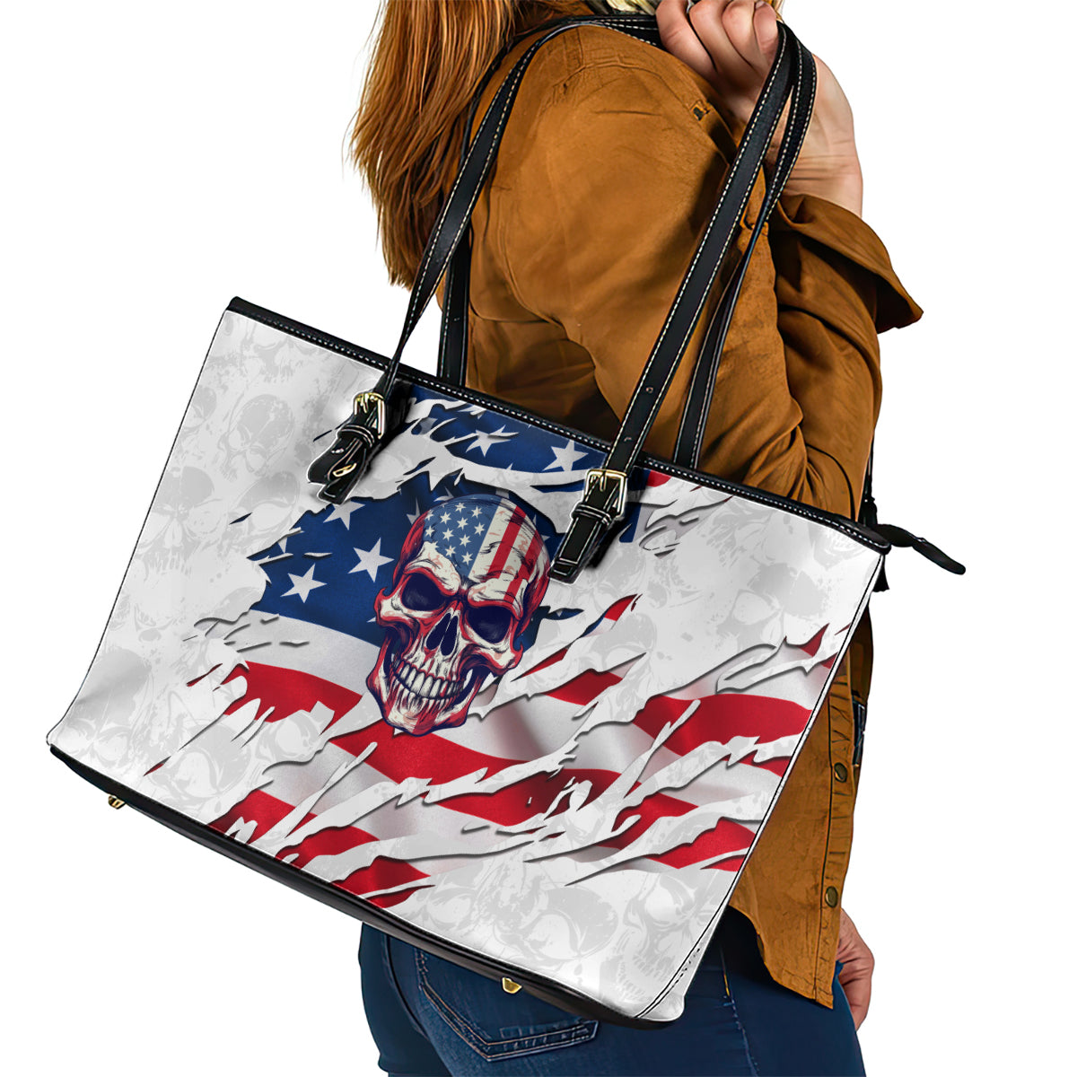 American Flag Skull Leather Tote Bag - Wonder Print Shop