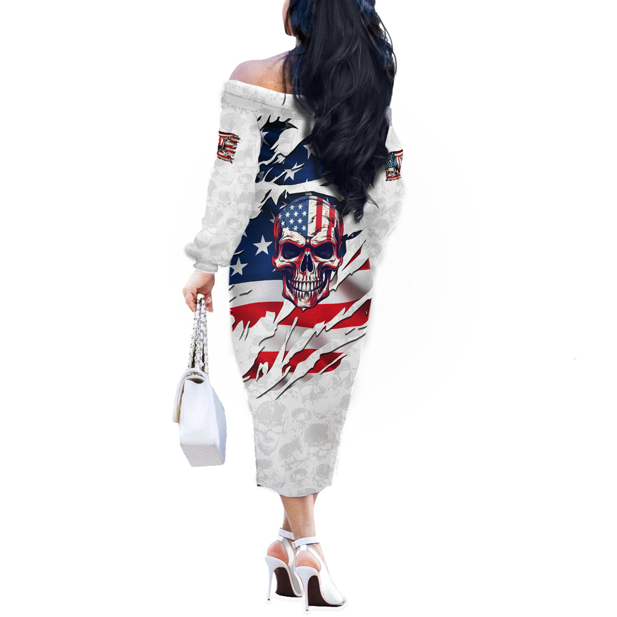 American Flag Skull Off The Shoulder Long Sleeve Dress - Wonder Print Shop