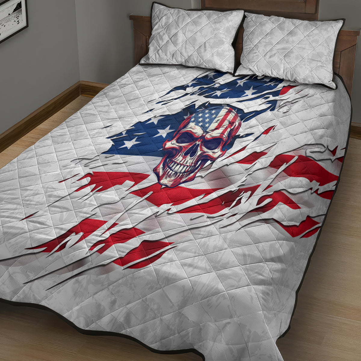 American Flag Skull Quilt Bed Set - Wonder Print Shop